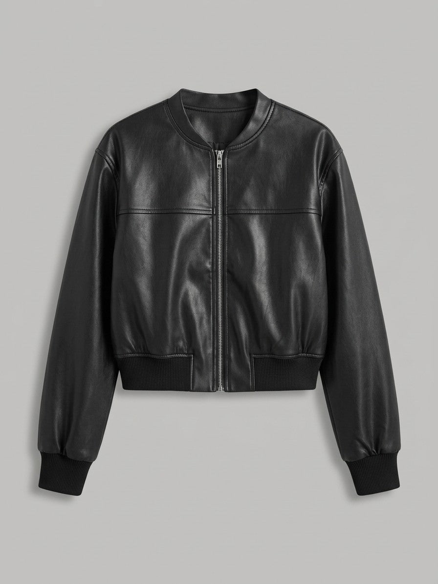Paestum Women's Collarless Cropped Bomber — black — packshot