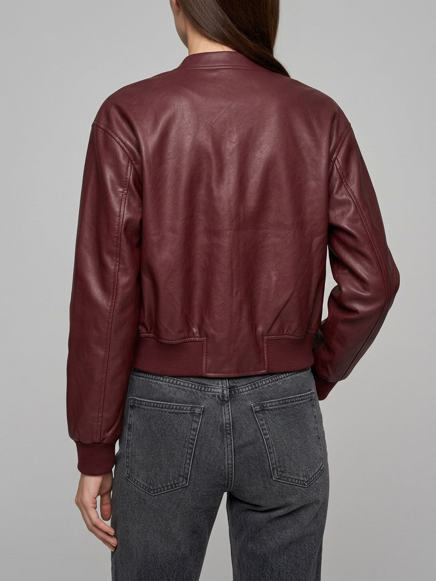 Paestum Women's Collarless Cropped Bomber — red — back