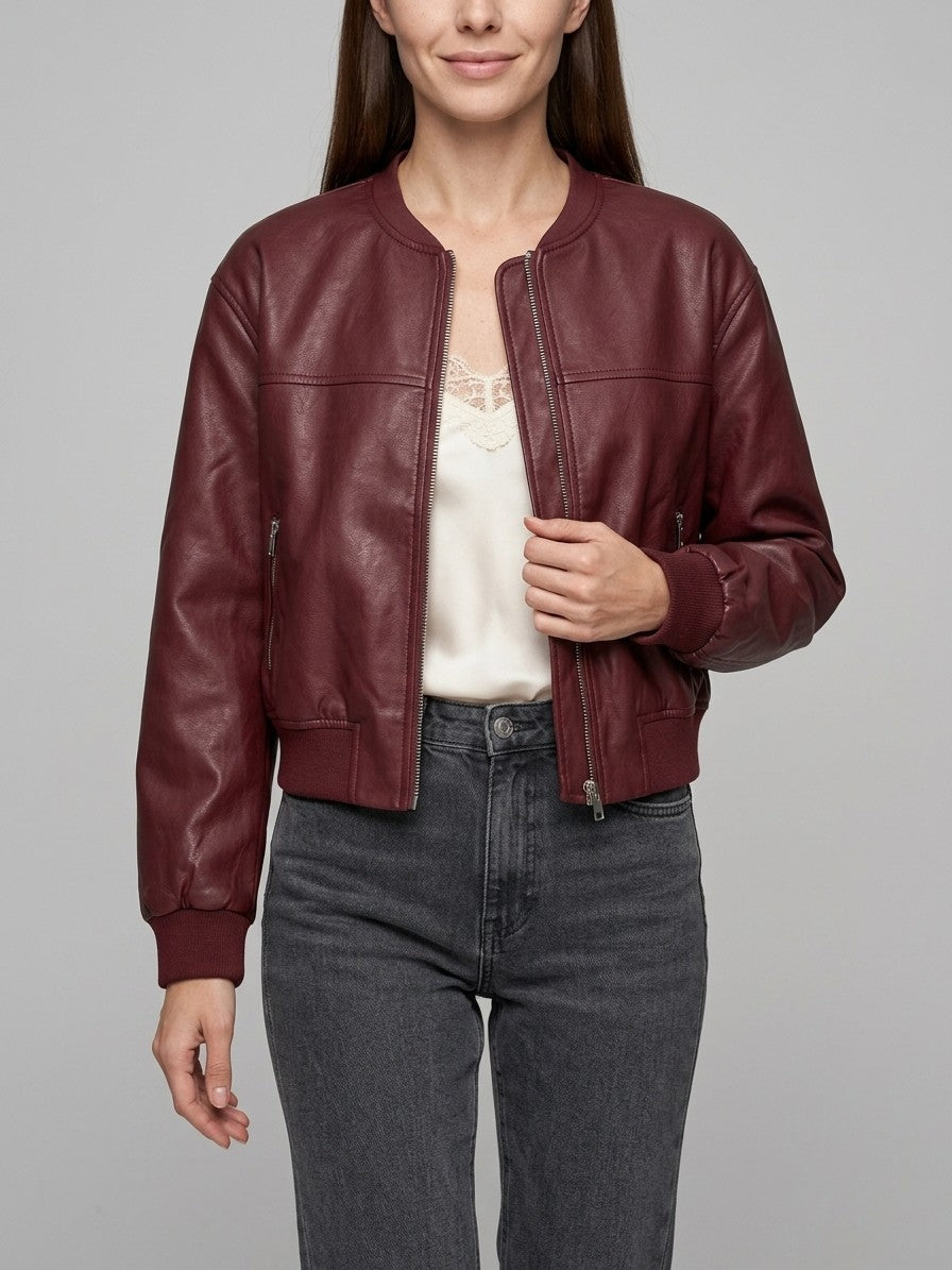 Paestum Women's Collarless Cropped Bomber — red — front