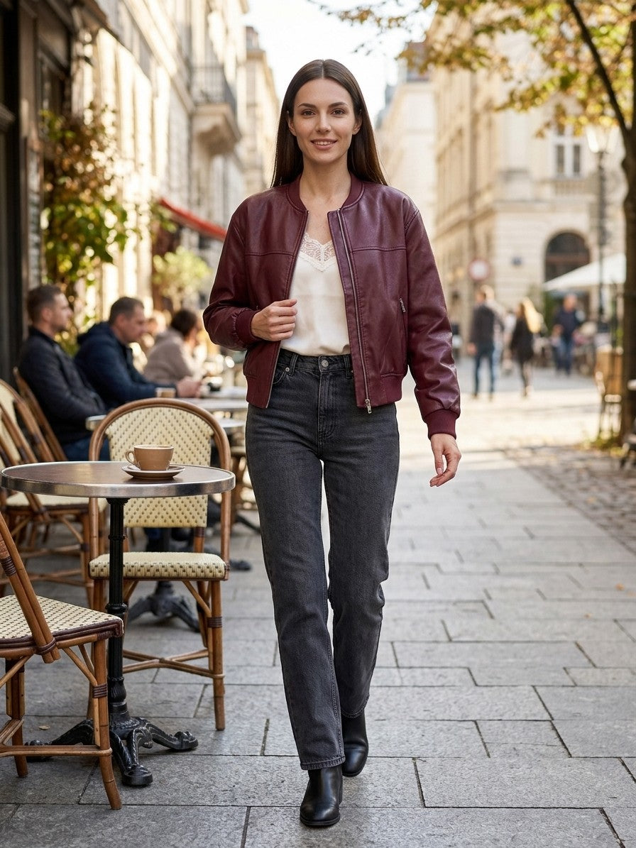 Paestum Women's Collarless Cropped Bomber — red — lifestyle