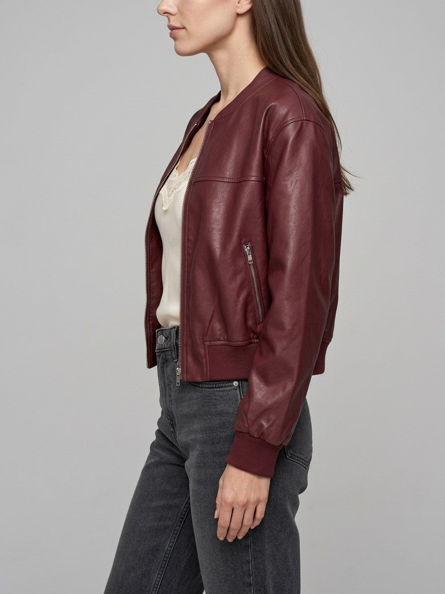 Paestum Women's Collarless Cropped Bomber — red — side