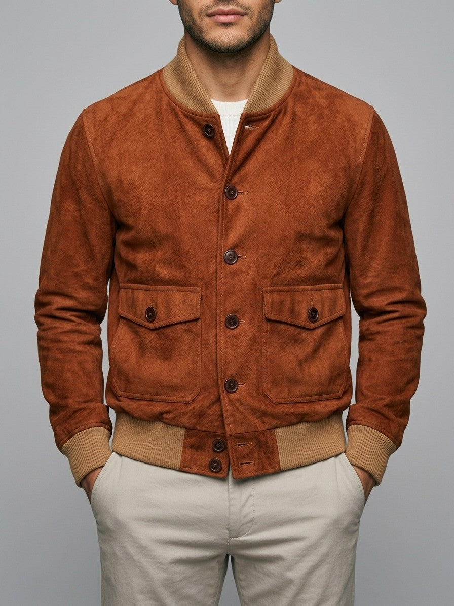 Palazzolo Men's Knit-Collar Faux Suede Flight Jacket — rust — front
