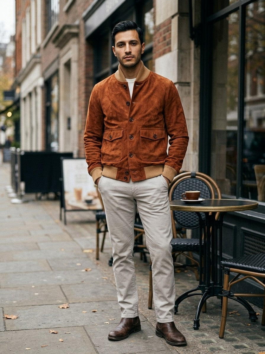 Palazzolo Men's Knit-Collar Faux Suede Flight Jacket — rust — lifestyle
