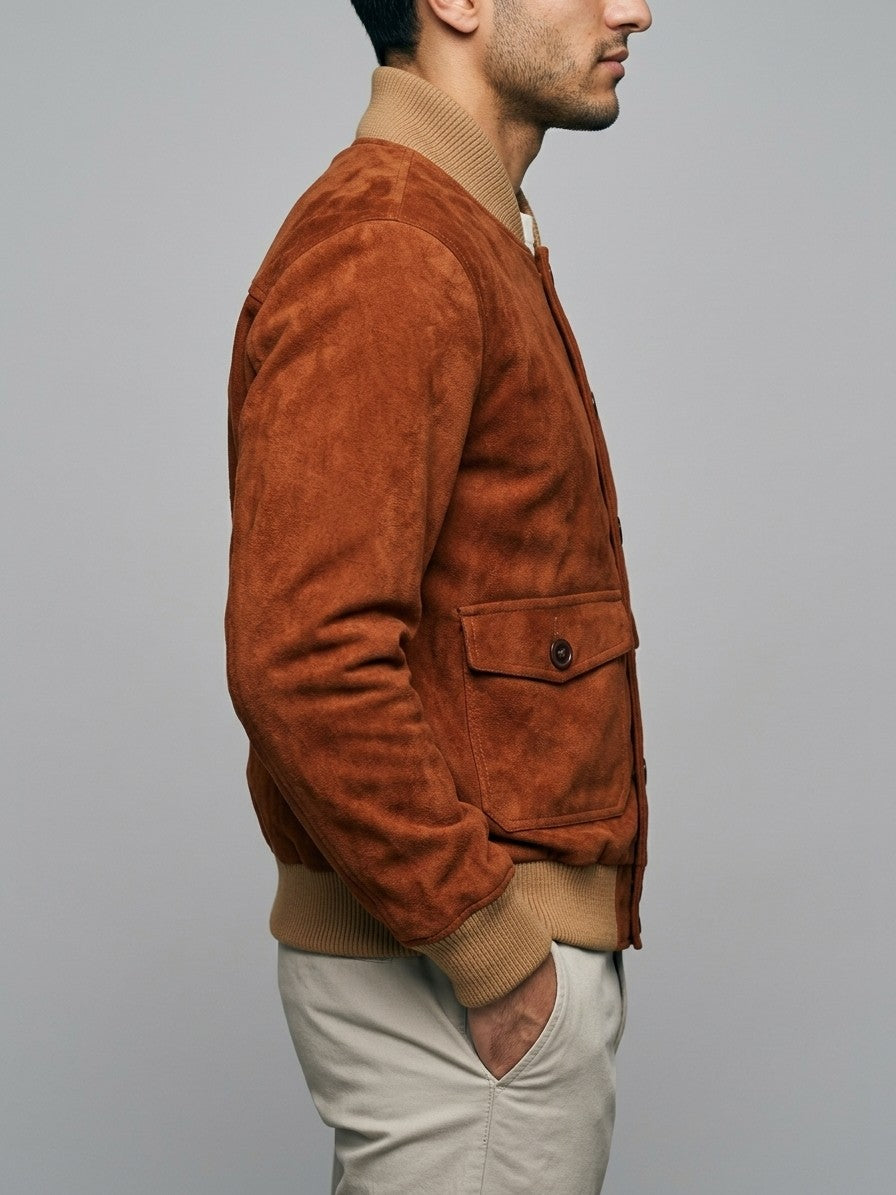 Palazzolo Men's Knit-Collar Faux Suede Flight Jacket — rust — side