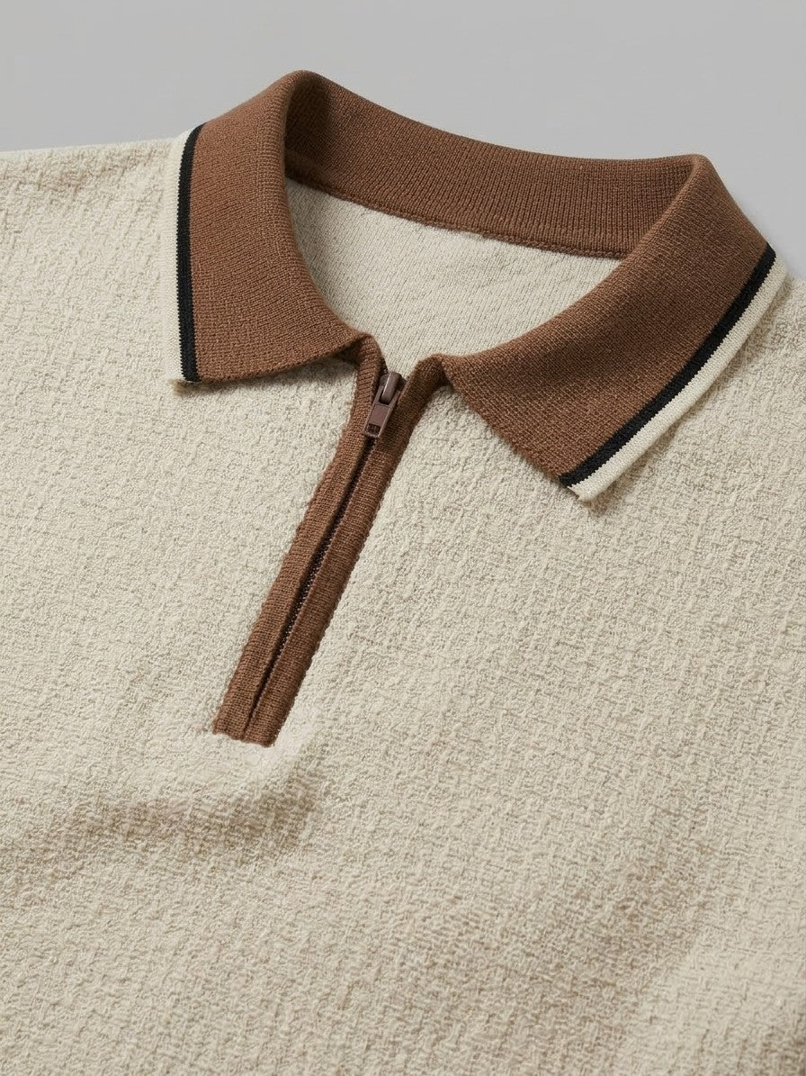 Palermo Men's Contrast Collar Cotton-Blend Zip Polo — beige — detail-collar