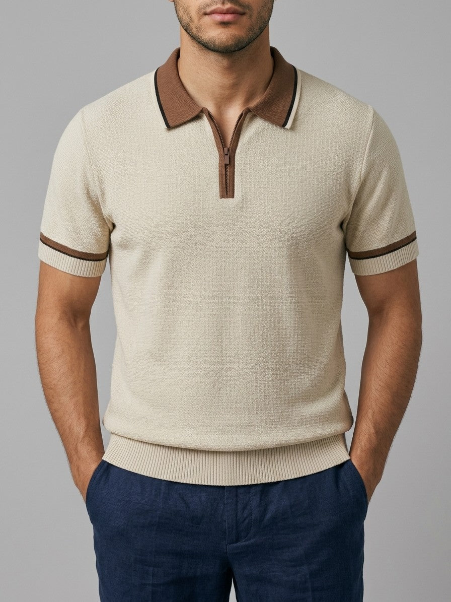 Palermo Men's Contrast Collar Cotton-Blend Zip Polo — beige — front