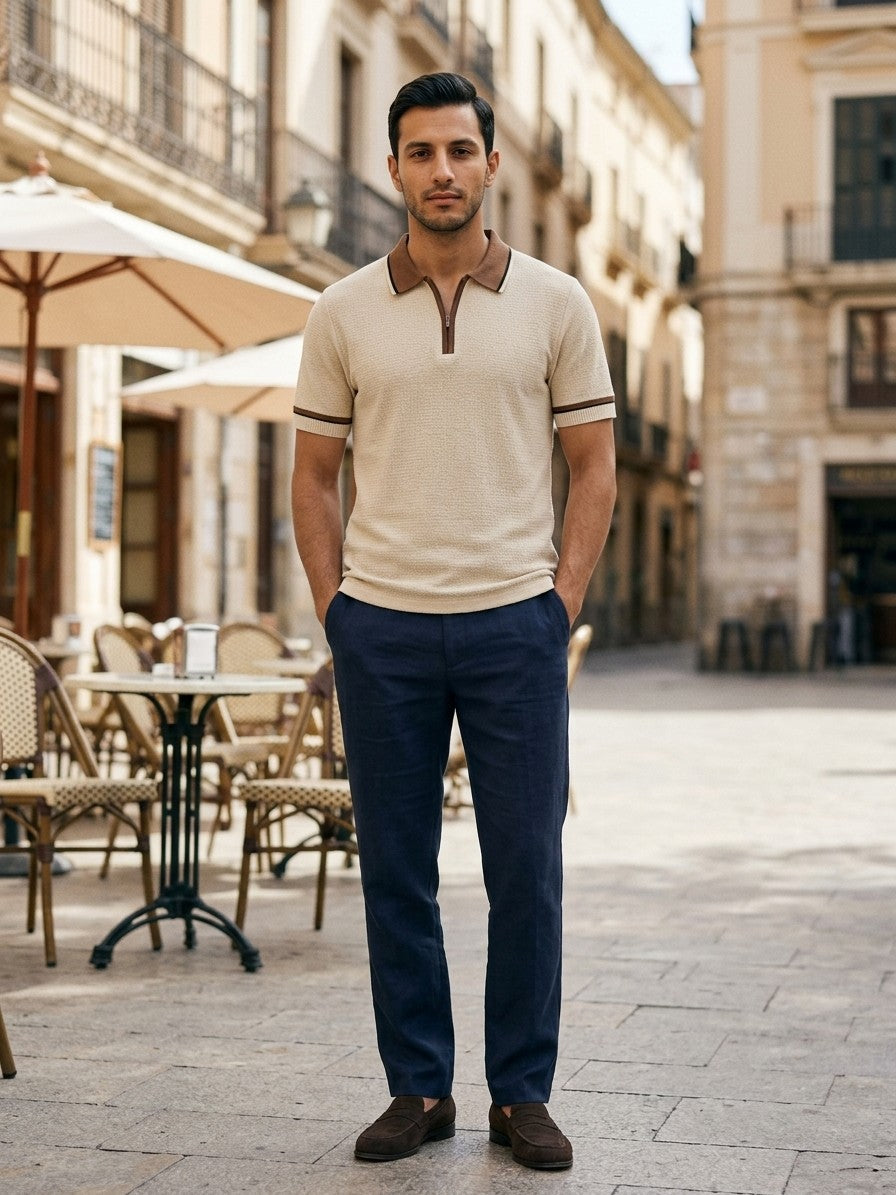 Palermo Men's Contrast Collar Cotton-Blend Zip Polo — beige — lifestyle