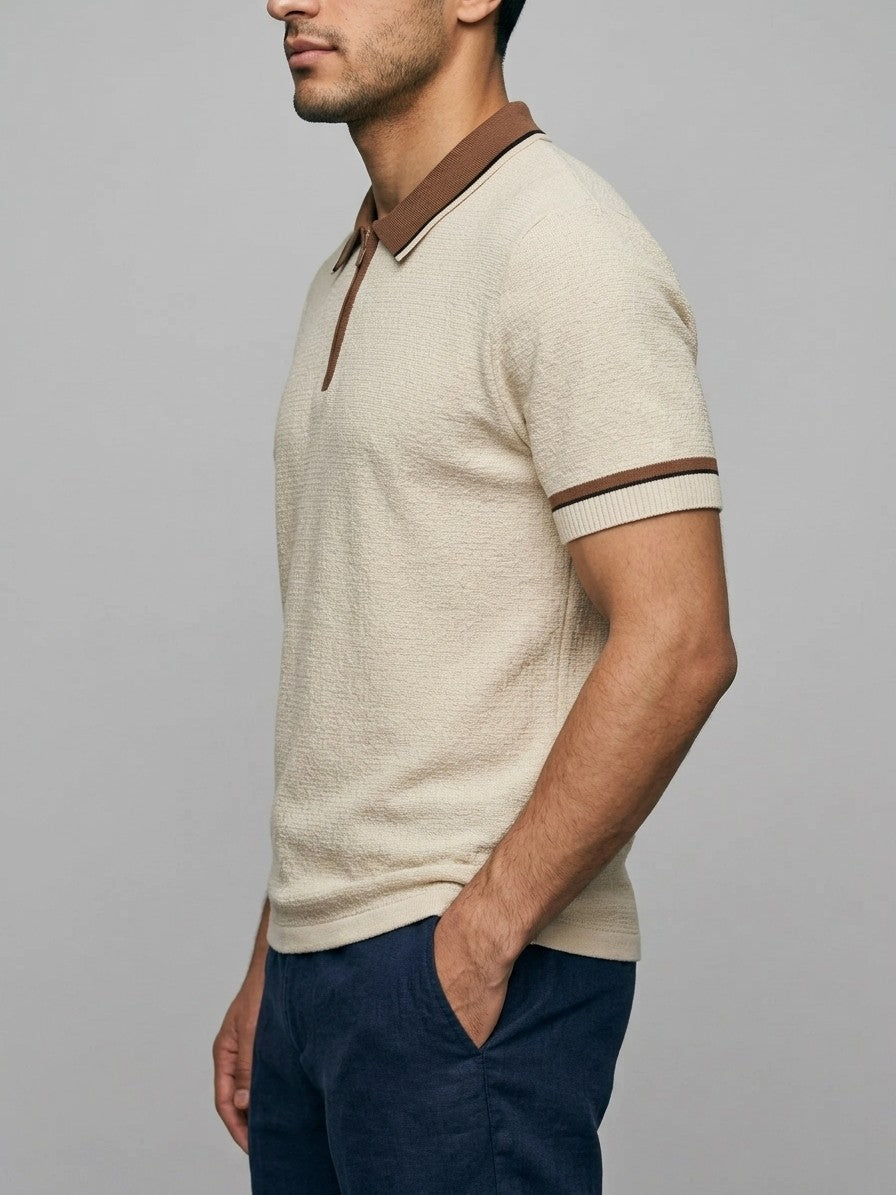 Palermo Men's Contrast Collar Cotton-Blend Zip Polo — beige — side