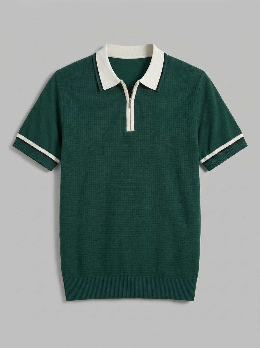Palermo Men's Contrast Collar Cotton-Blend Zip Polo — deepgreen — packshot