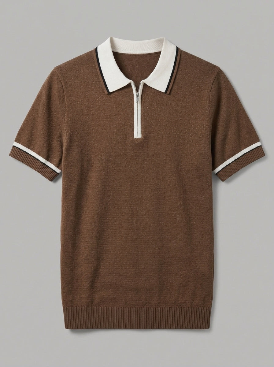 Palermo Men's Contrast Collar Cotton-Blend Zip Polo — mochabrown — packshot