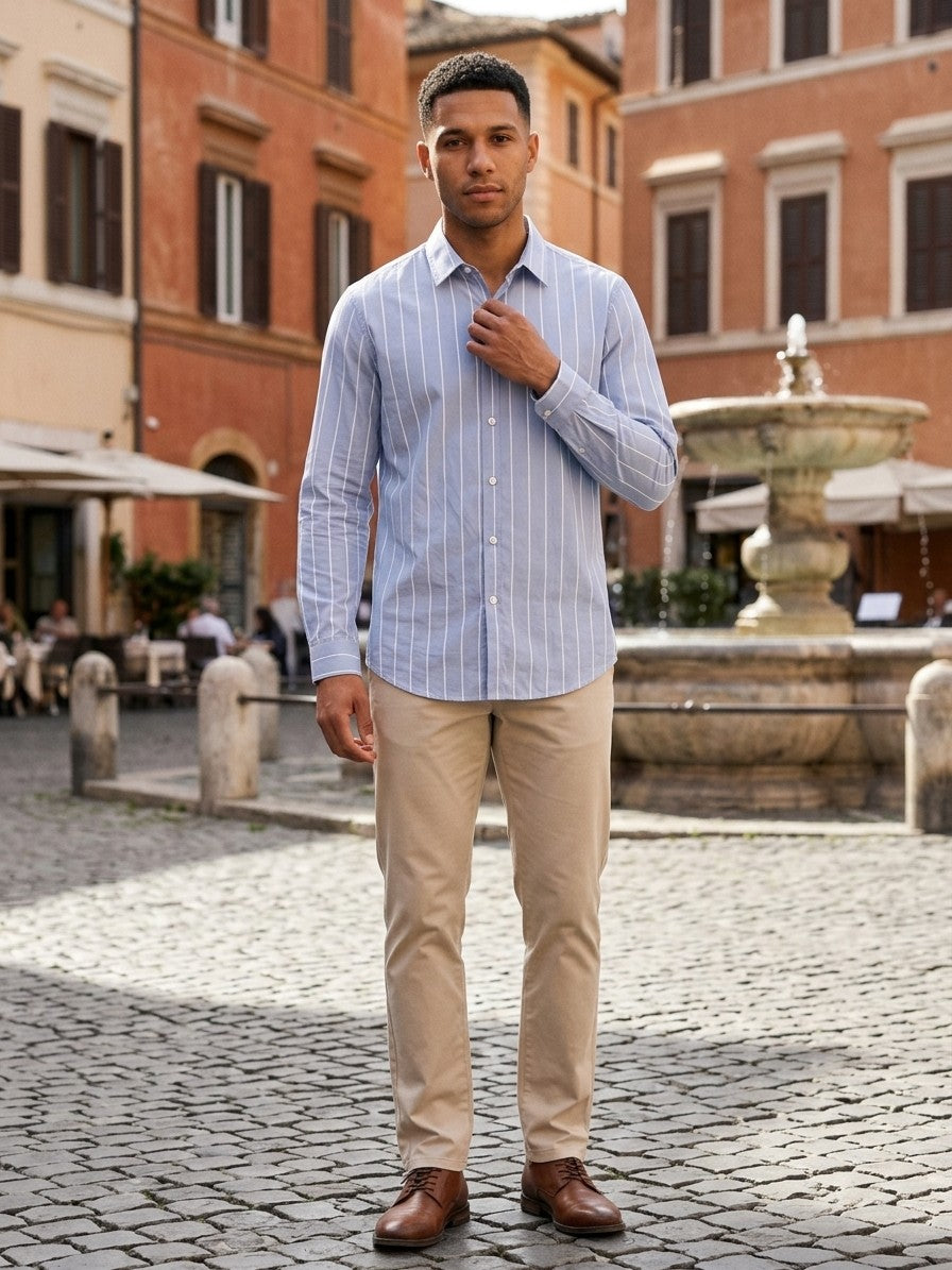 Palermo Men's Striped Cotton-Blend Long Sleeve Shirt — blue — lifestyle