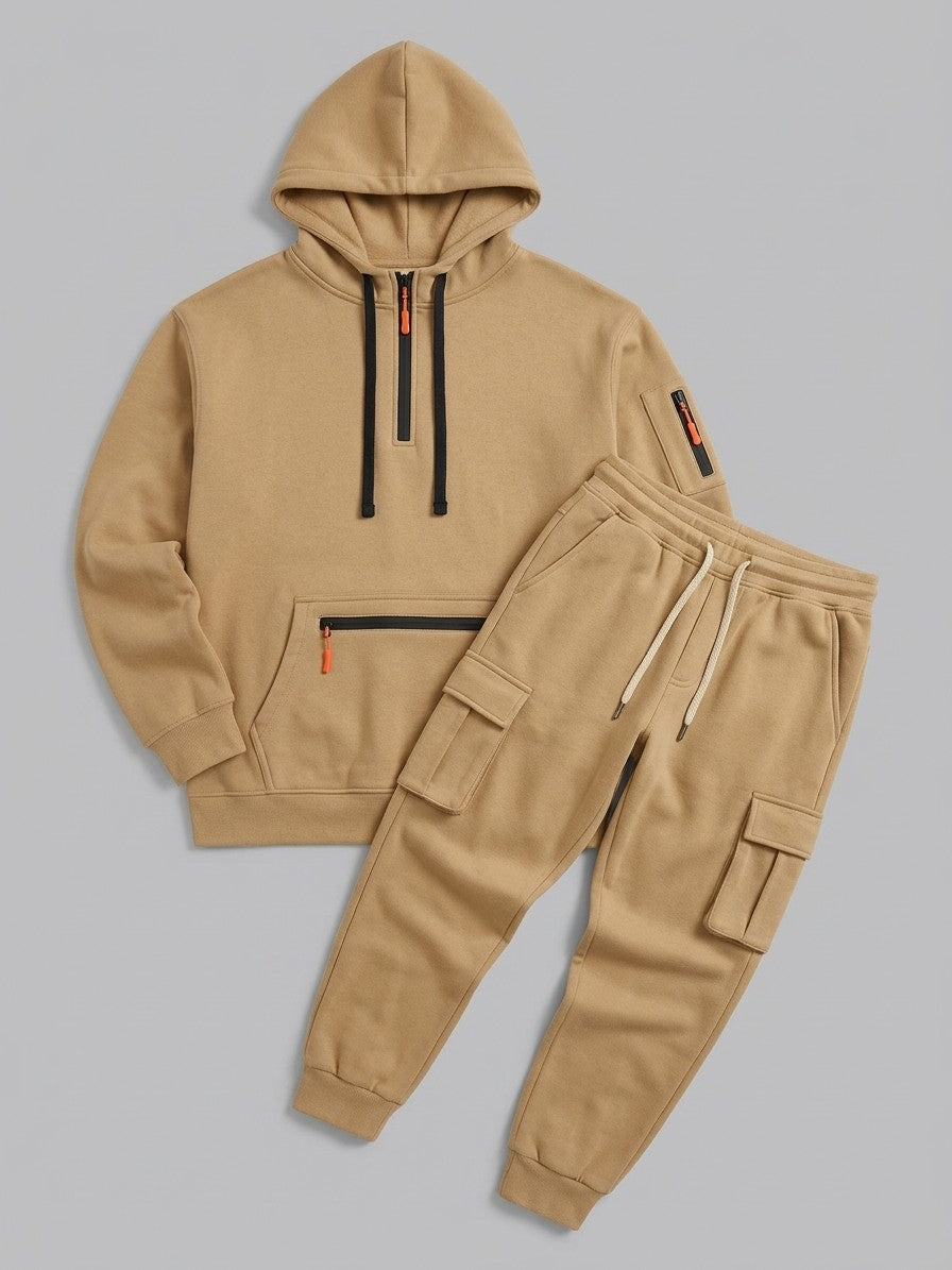 Palestrina Men's Tactical Zip-Pocket Hoodie and Cargo Jogger Set — camel — packshot