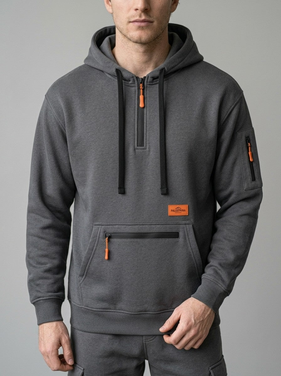 Palestrina Men's Tactical Zip-Pocket Hoodie and Cargo Jogger Set — darkgray — closefront