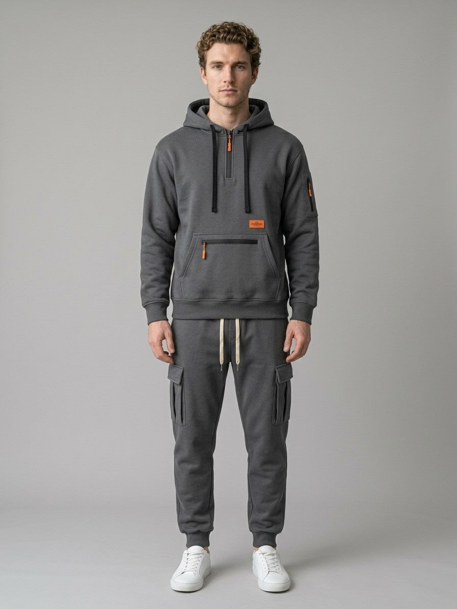 Palestrina Men's Tactical Zip-Pocket Hoodie and Cargo Jogger Set — darkgray — fullfront