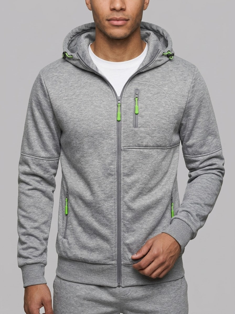 Palinuro Men's Paneled Zip-Up Hoodie and Jogger Set — gray — closefront