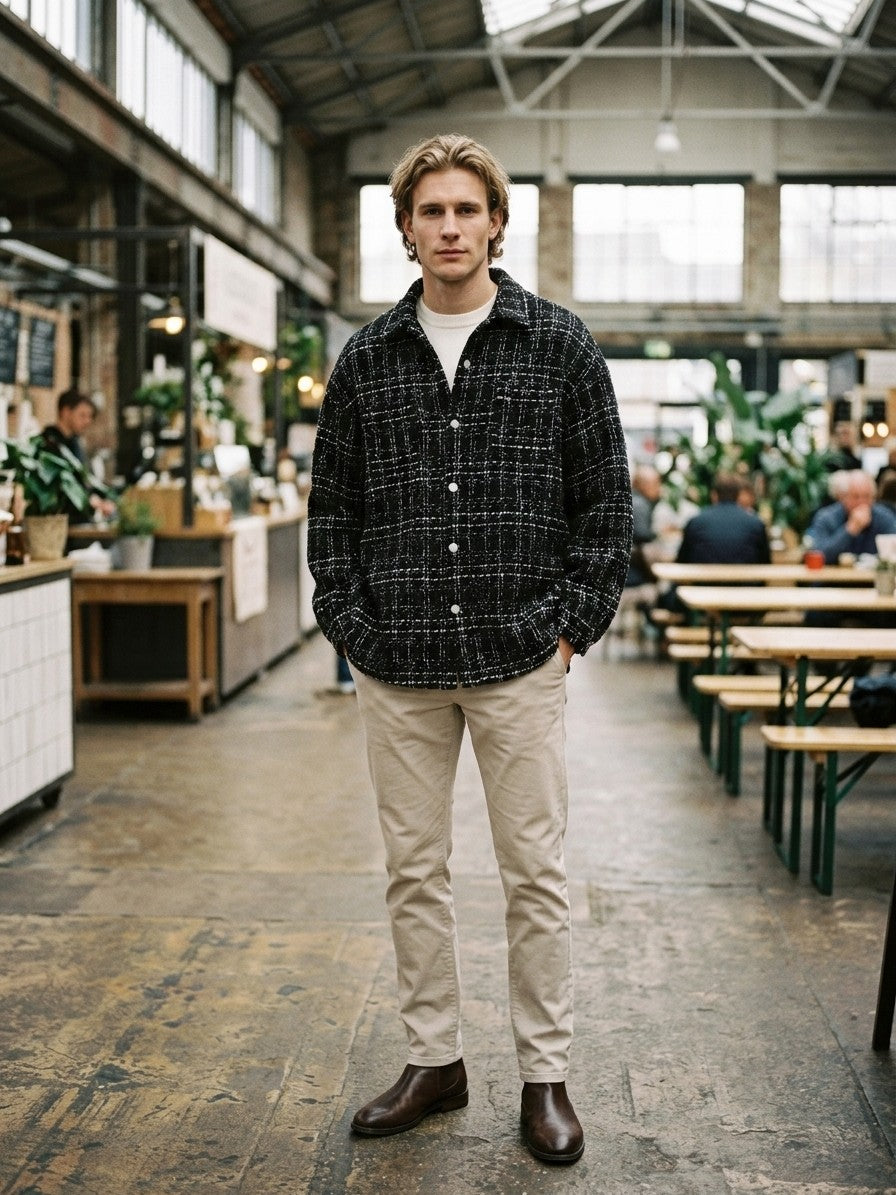 Palmanova Men's Checked Tweed Overshirt — black — lifestyle