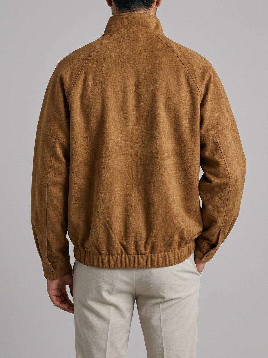 Panarea Men's Chevron-Yoke Faux Suede Bomber Jacket — tobacco — back