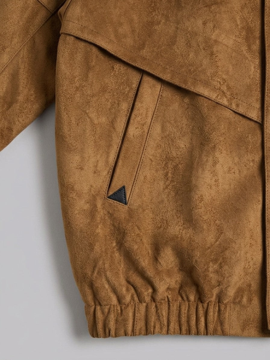 Panarea Men's Chevron-Yoke Faux Suede Bomber Jacket — tobacco — detail-collar