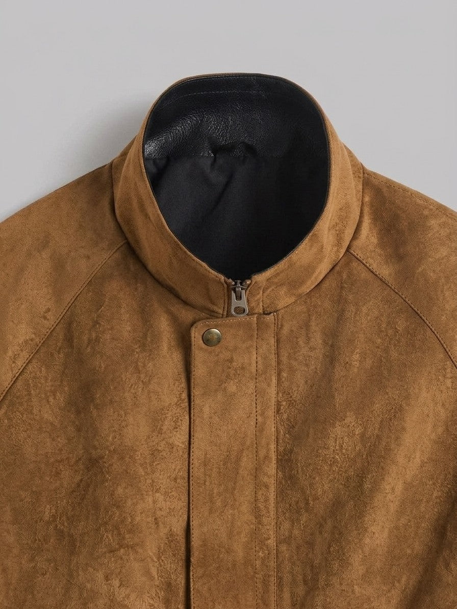 Panarea Men's Chevron-Yoke Faux Suede Bomber Jacket — tobacco — detail