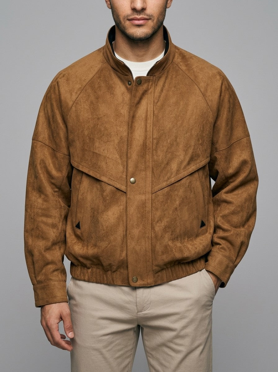 Panarea Men's Chevron-Yoke Faux Suede Bomber Jacket — tobacco — front
