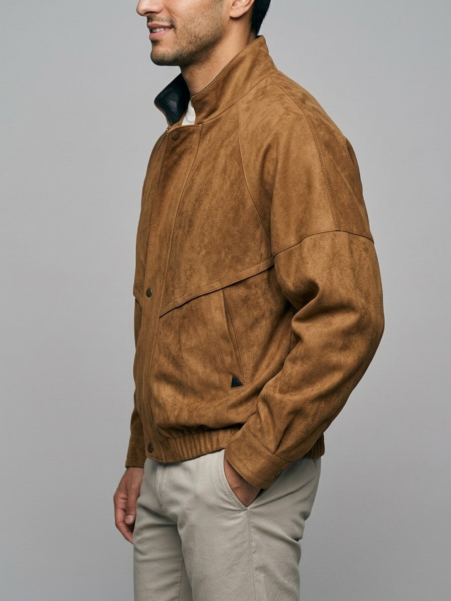 Panarea Men's Chevron-Yoke Faux Suede Bomber Jacket — tobacco — side