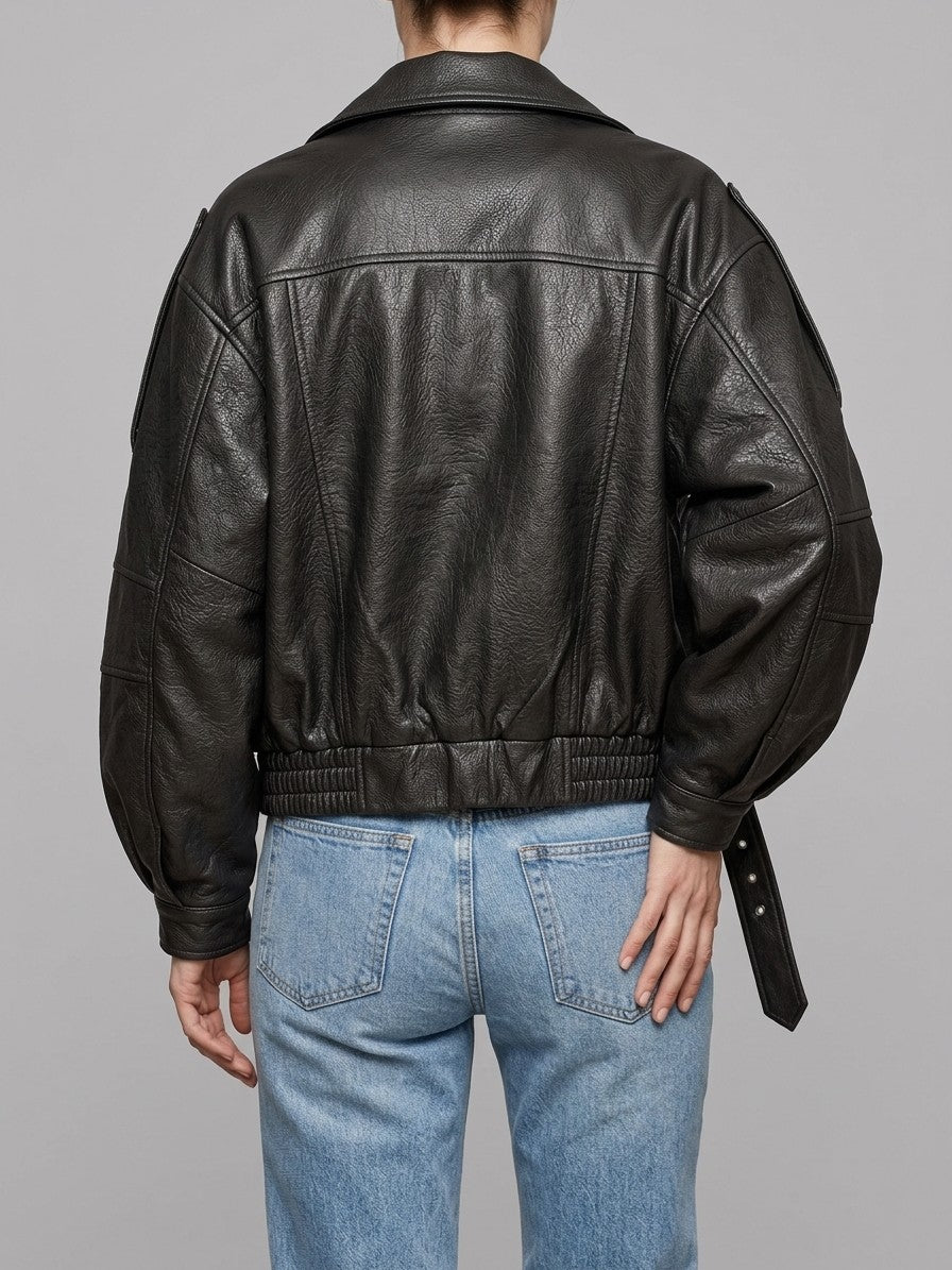 Panicale Women's Leather Zip-Up Jacket — black — back
