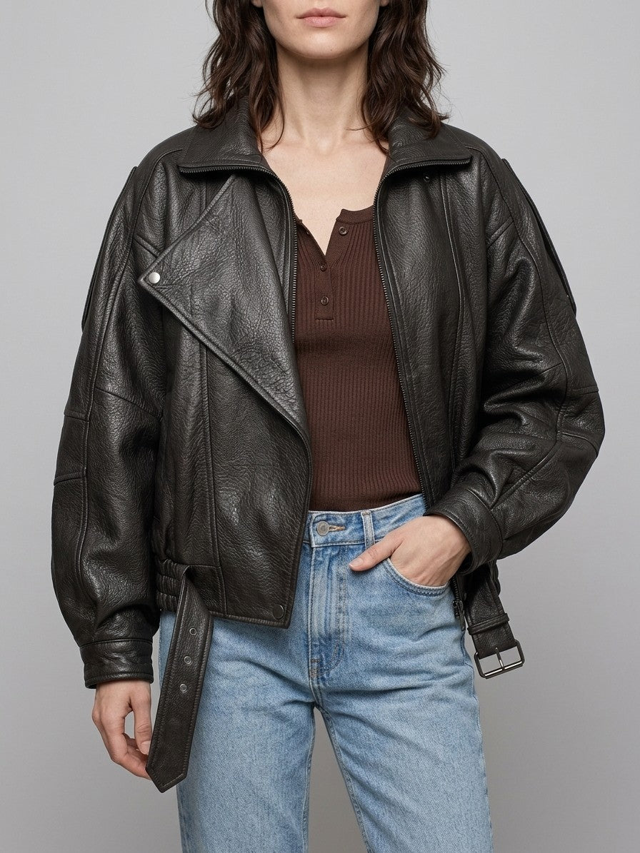 Panicale Women's Leather Zip-Up Jacket — black — front