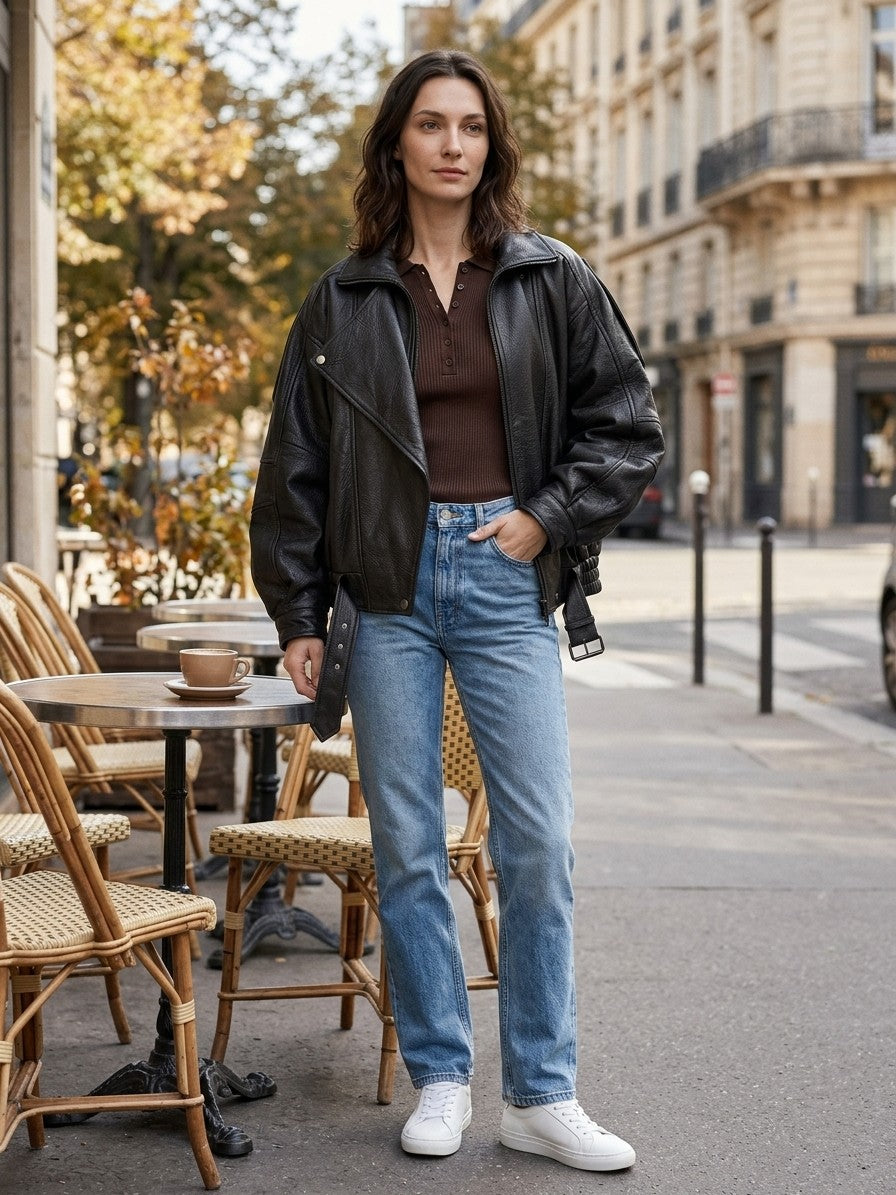 Panicale Women's Leather Zip-Up Jacket — black — lifestyle
