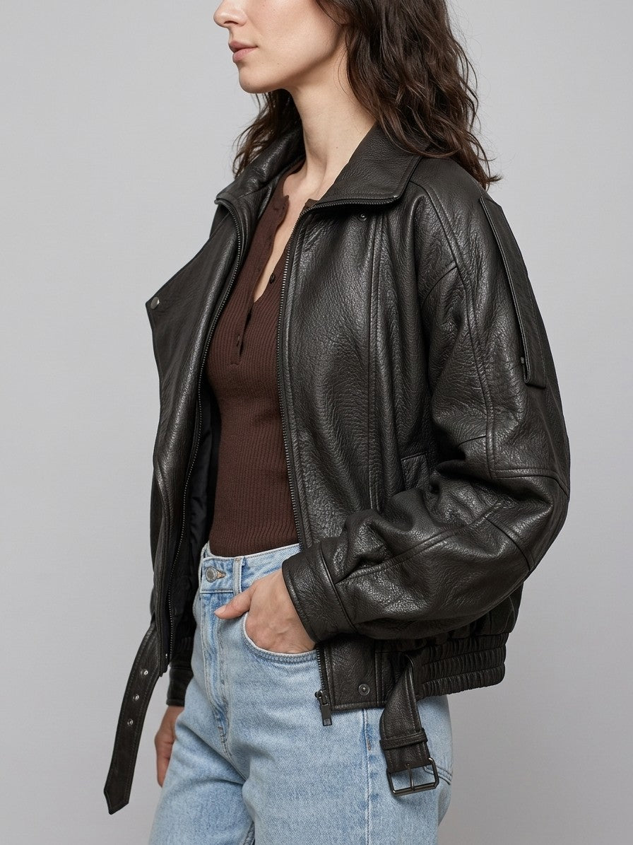 Panicale Women's Leather Zip-Up Jacket — black — side