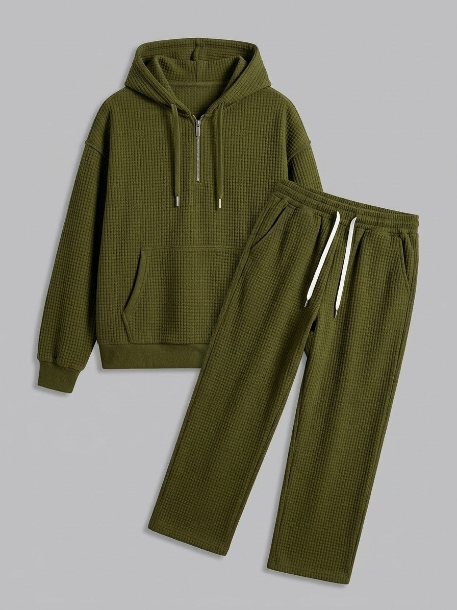 Parabita Men's Waffle-Knit Zip-Neck Hoodie and Wide-Leg Pant Set — armygreen — packshot