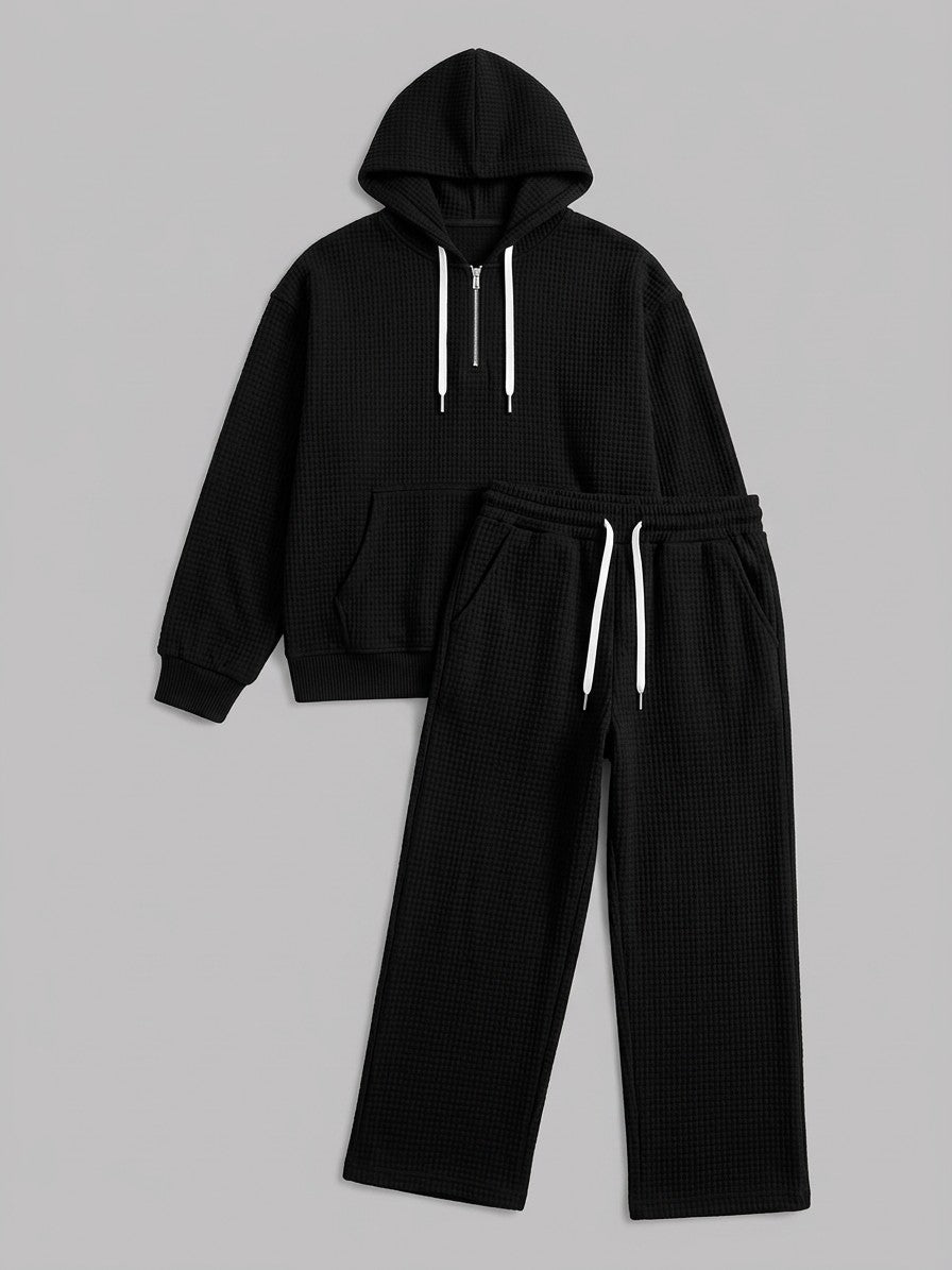 Parabita Men's Waffle-Knit Zip-Neck Hoodie and Wide-Leg Pant Set — black — packshot