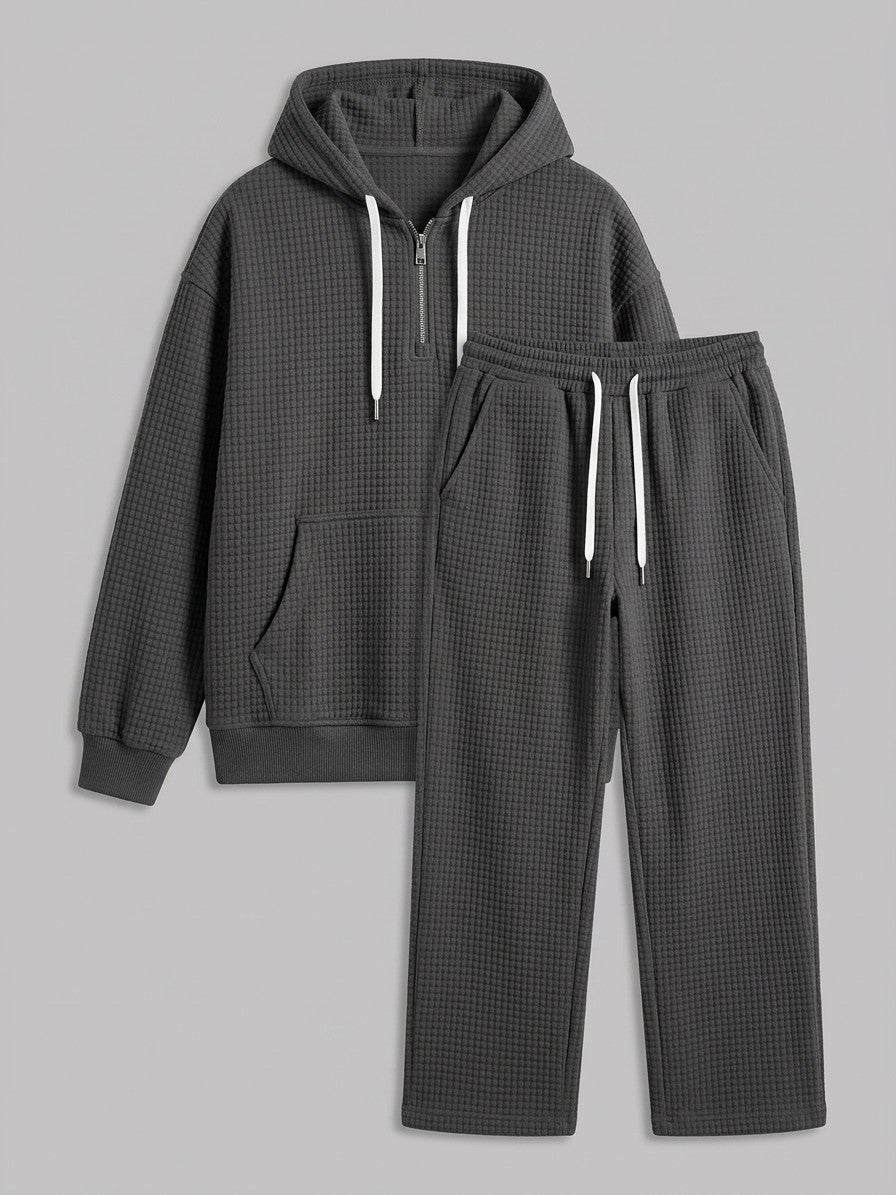 Parabita Men's Waffle-Knit Zip-Neck Hoodie and Wide-Leg Pant Set — darkgray — packshot
