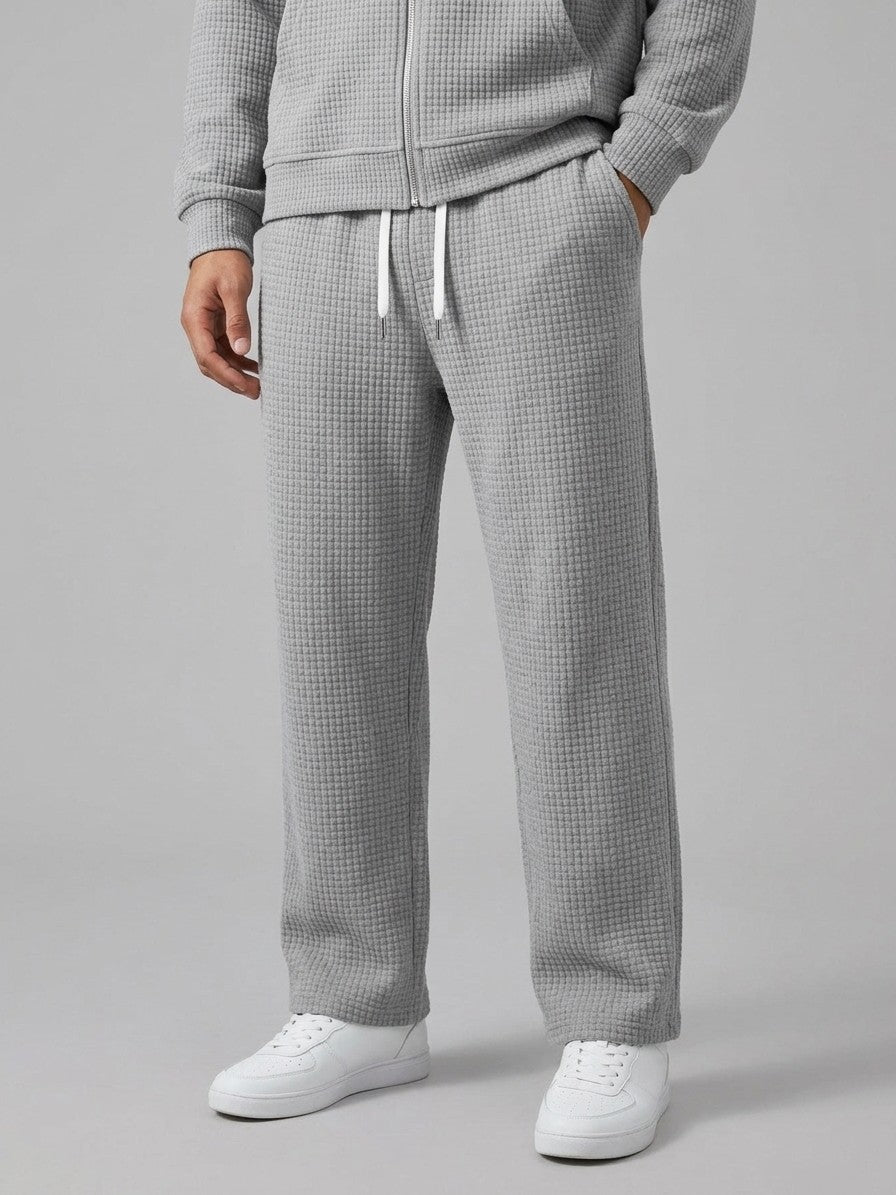 Parabita Men's Waffle-Knit Zip-Neck Hoodie and Wide-Leg Pant Set — gray — bottomfront