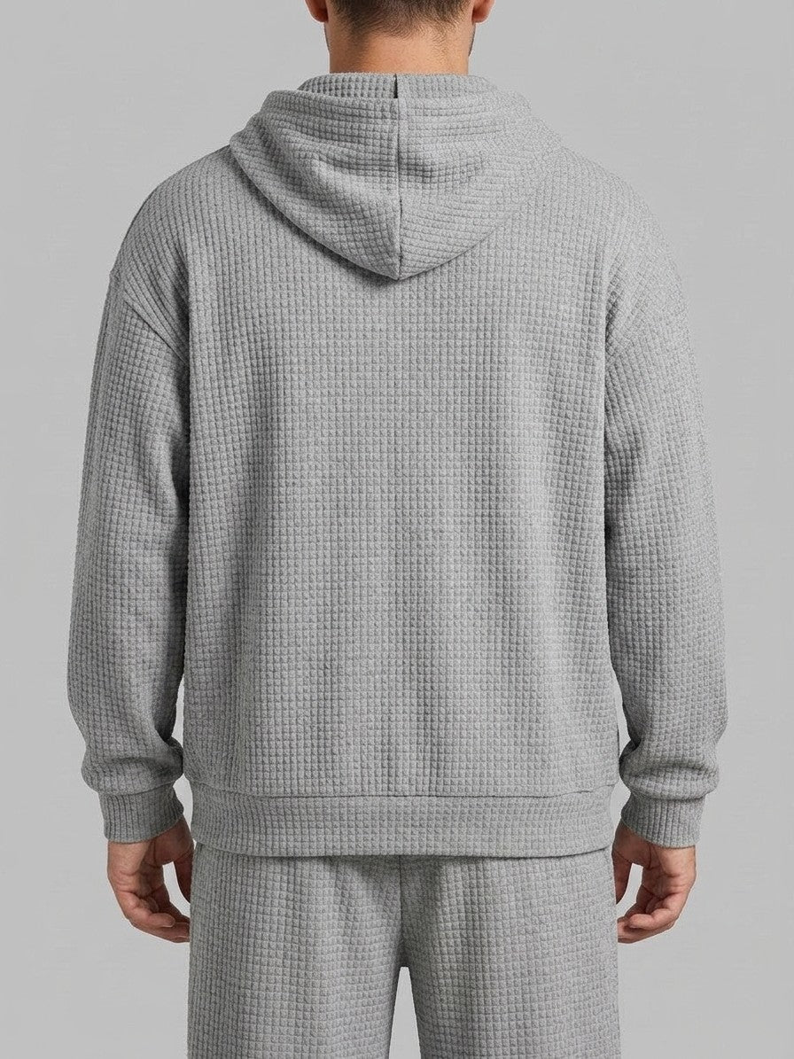 Parabita Men's Waffle-Knit Zip-Neck Hoodie and Wide-Leg Pant Set — gray — closeback