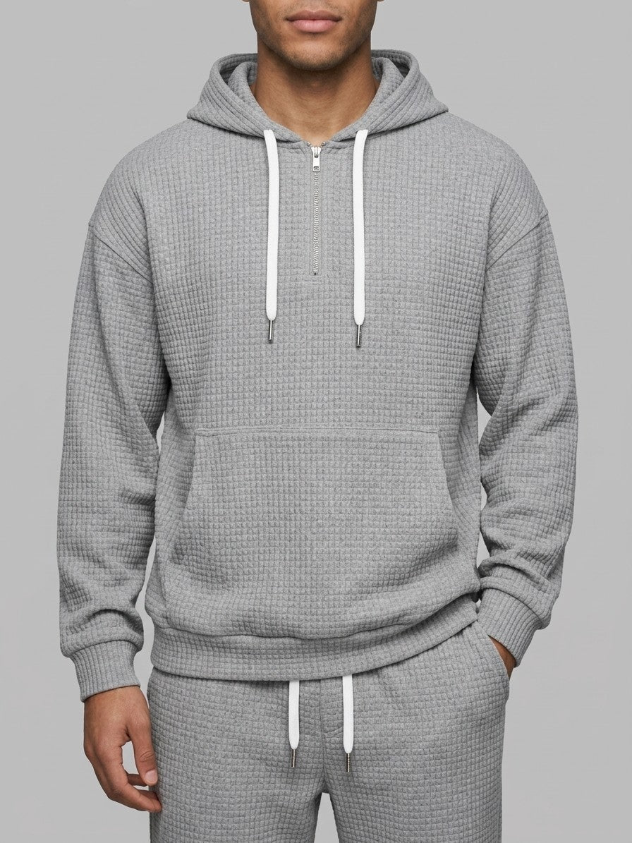 Parabita Men's Waffle-Knit Zip-Neck Hoodie and Wide-Leg Pant Set — gray — closefront