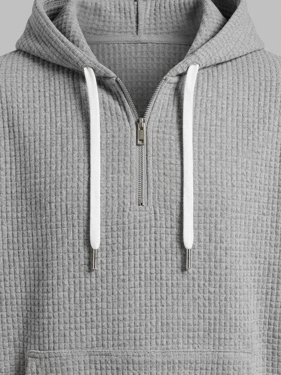 Parabita Men's Waffle-Knit Zip-Neck Hoodie and Wide-Leg Pant Set — gray — detail-collar