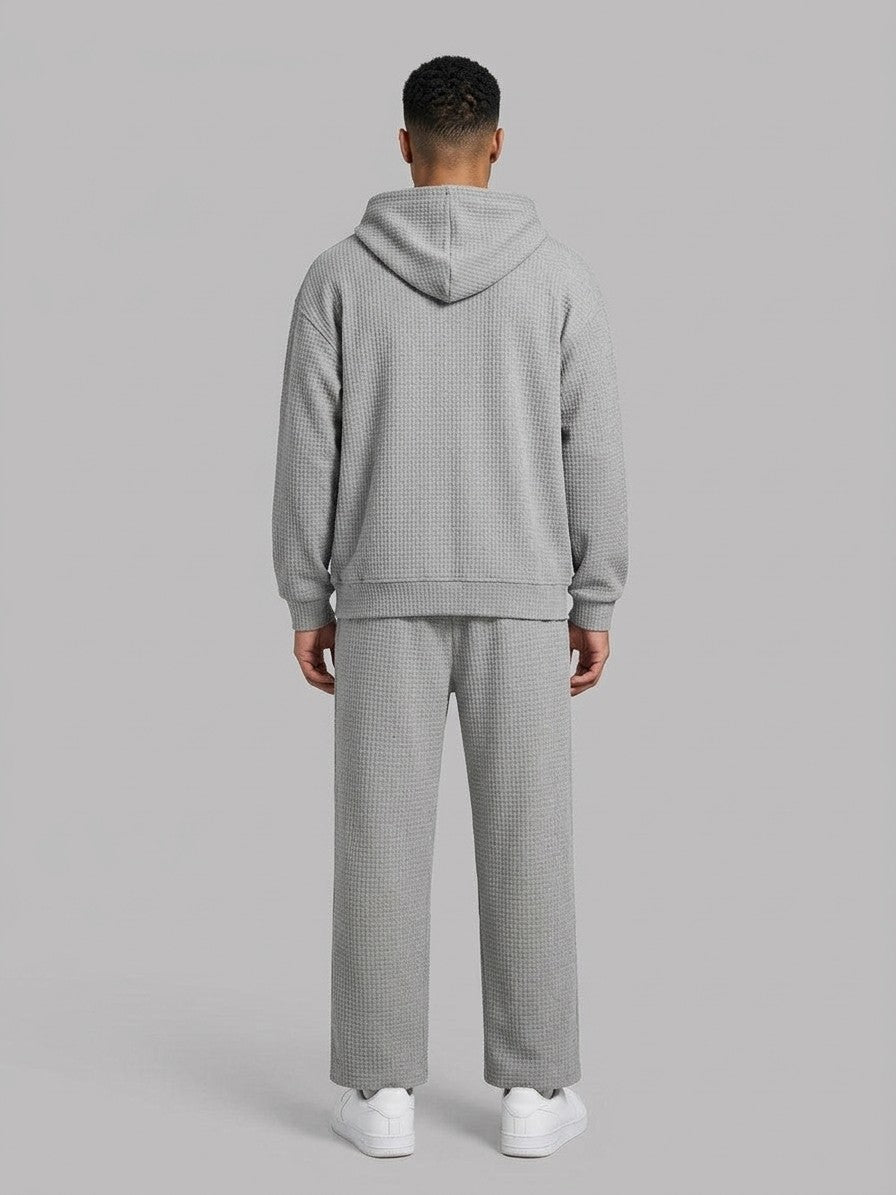 Parabita Men's Waffle-Knit Zip-Neck Hoodie and Wide-Leg Pant Set — gray — fullback
