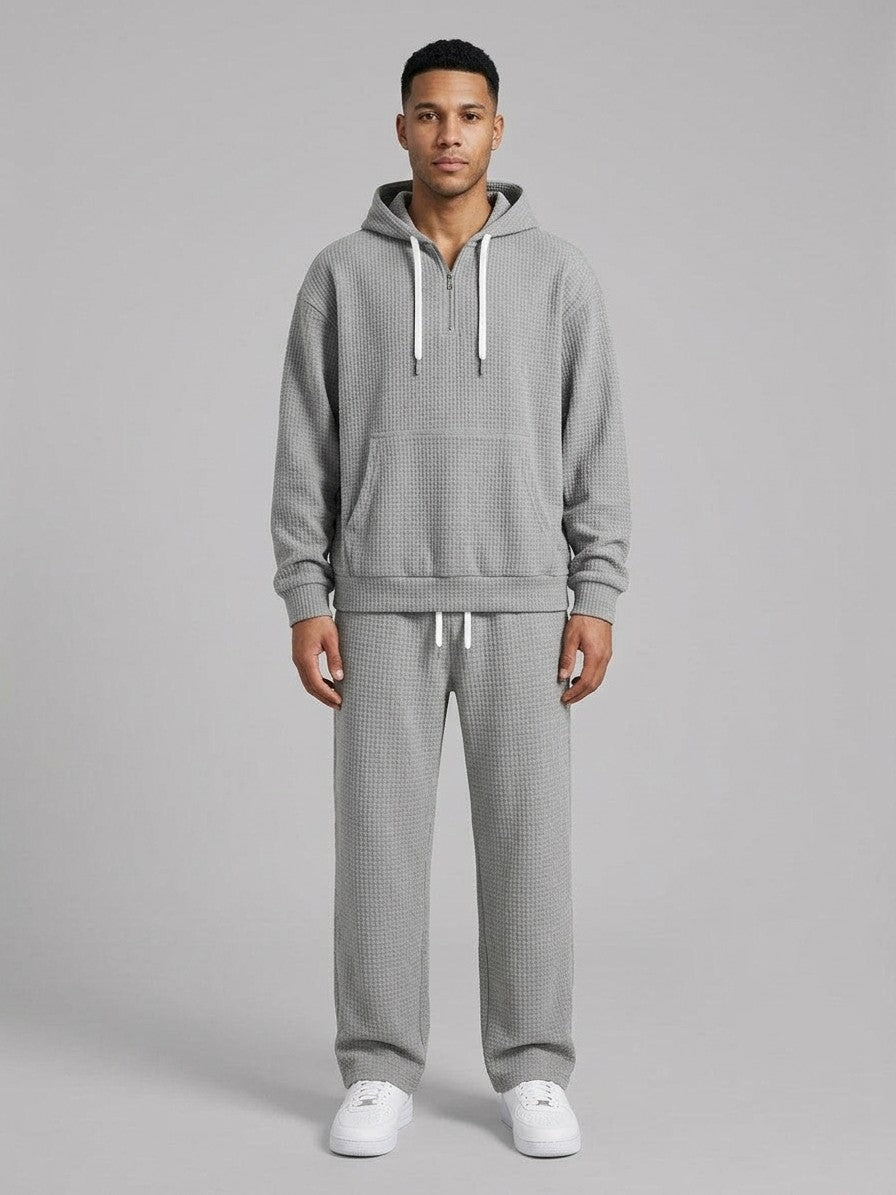 Parabita Men's Waffle-Knit Zip-Neck Hoodie and Wide-Leg Pant Set — gray — fullfront