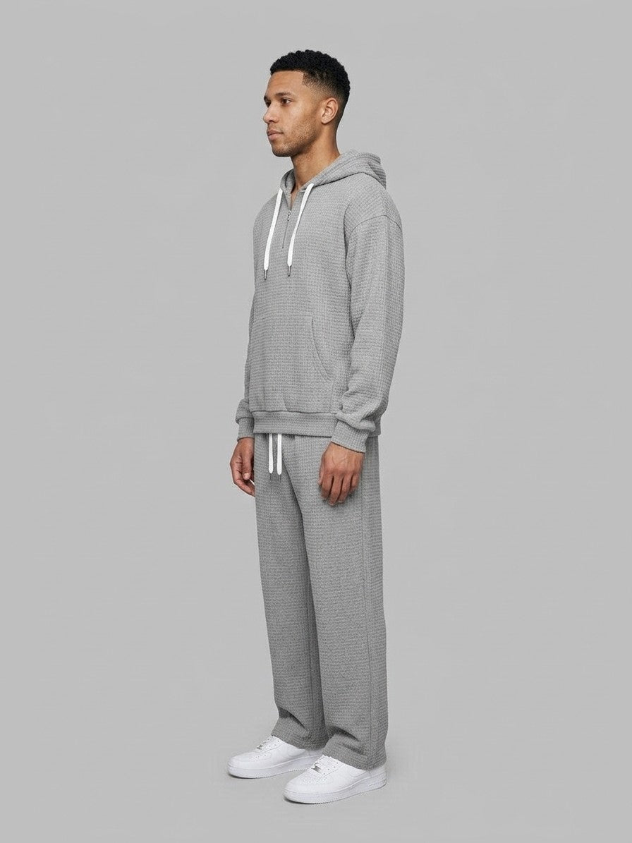 Parabita Men's Waffle-Knit Zip-Neck Hoodie and Wide-Leg Pant Set — gray — fullside