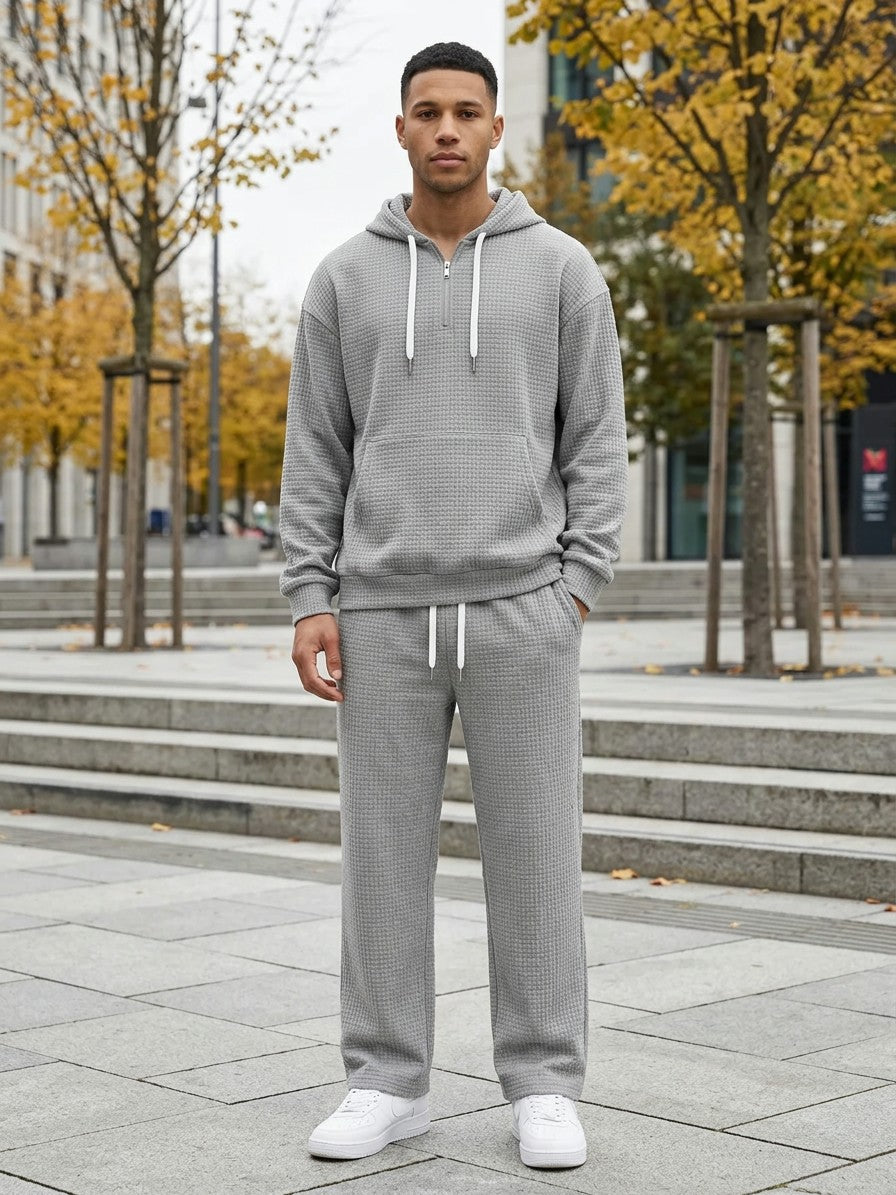 Parabita Men's Waffle-Knit Zip-Neck Hoodie and Wide-Leg Pant Set — gray — lifestyle