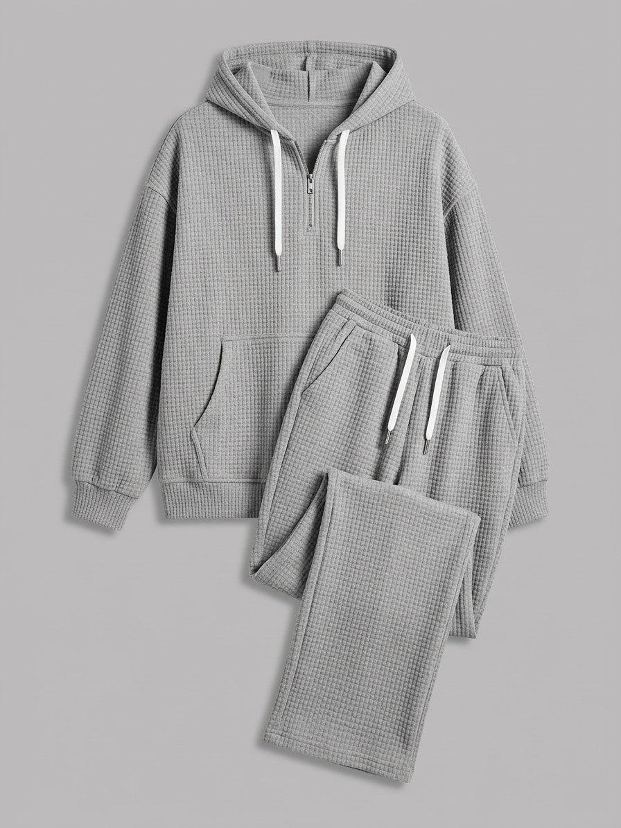 Parabita Men's Waffle-Knit Zip-Neck Hoodie and Wide-Leg Pant Set — gray — packshot