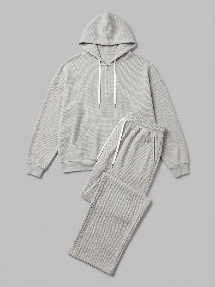 Parabita Men's Waffle-Knit Zip-Neck Hoodie and Wide-Leg Pant Set — lightgray — packshot