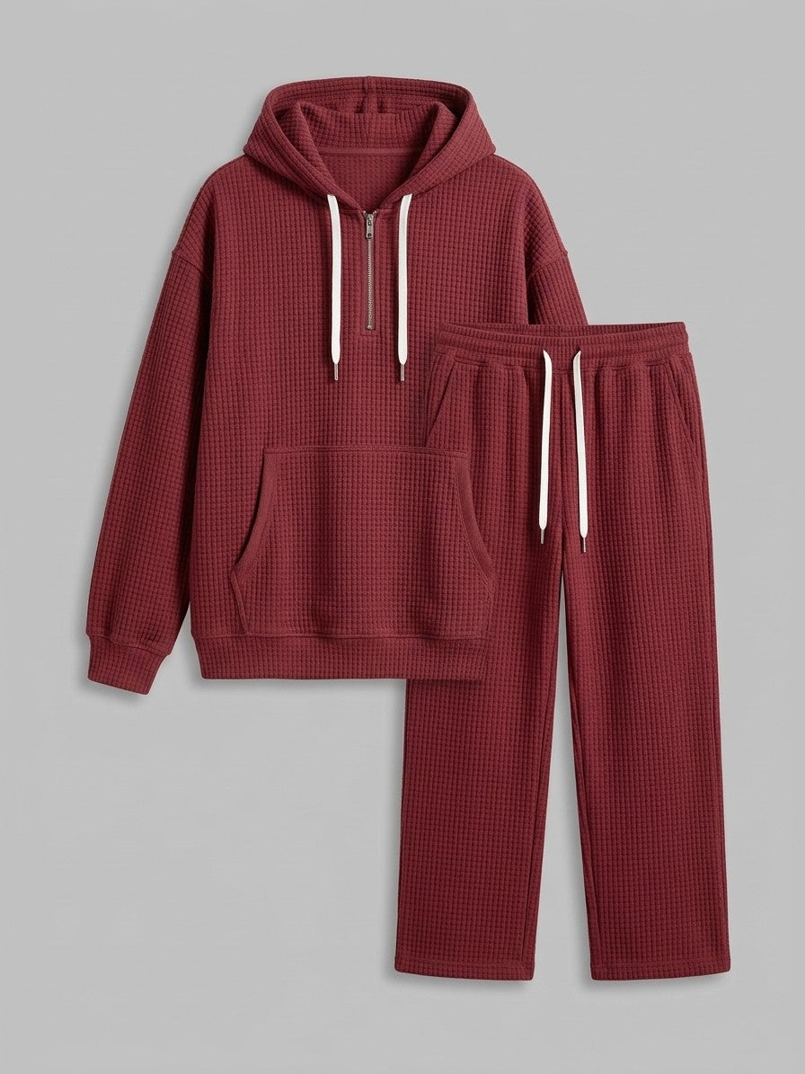 Parabita Men's Waffle-Knit Zip-Neck Hoodie and Wide-Leg Pant Set — rust — packshot