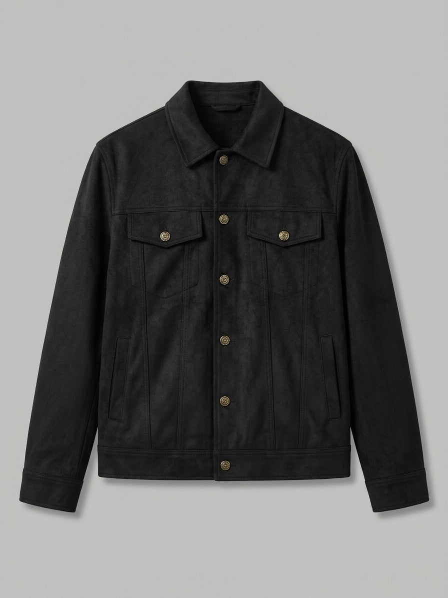 Parghelia Men's Brass-Button Faux Suede Trucker Jacket — black — packshot