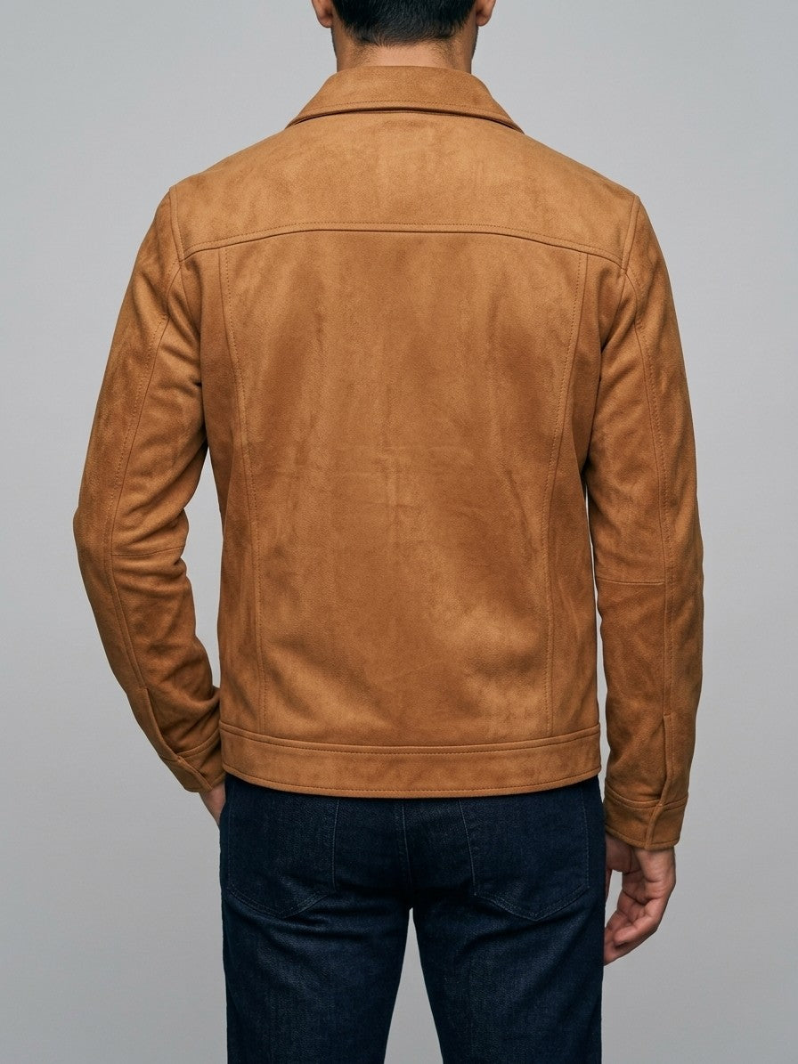 Parghelia Men's Brass-Button Faux Suede Trucker Jacket — caramel — back
