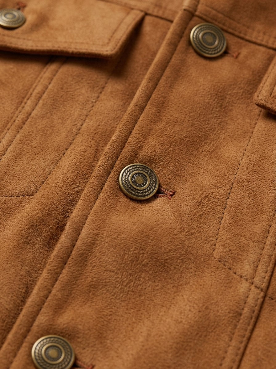 Parghelia Men's Brass-Button Faux Suede Trucker Jacket — caramel — detail-2