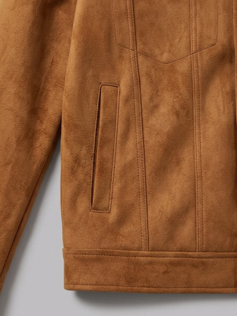 Parghelia Men's Brass-Button Faux Suede Trucker Jacket — caramel — detail-collar
