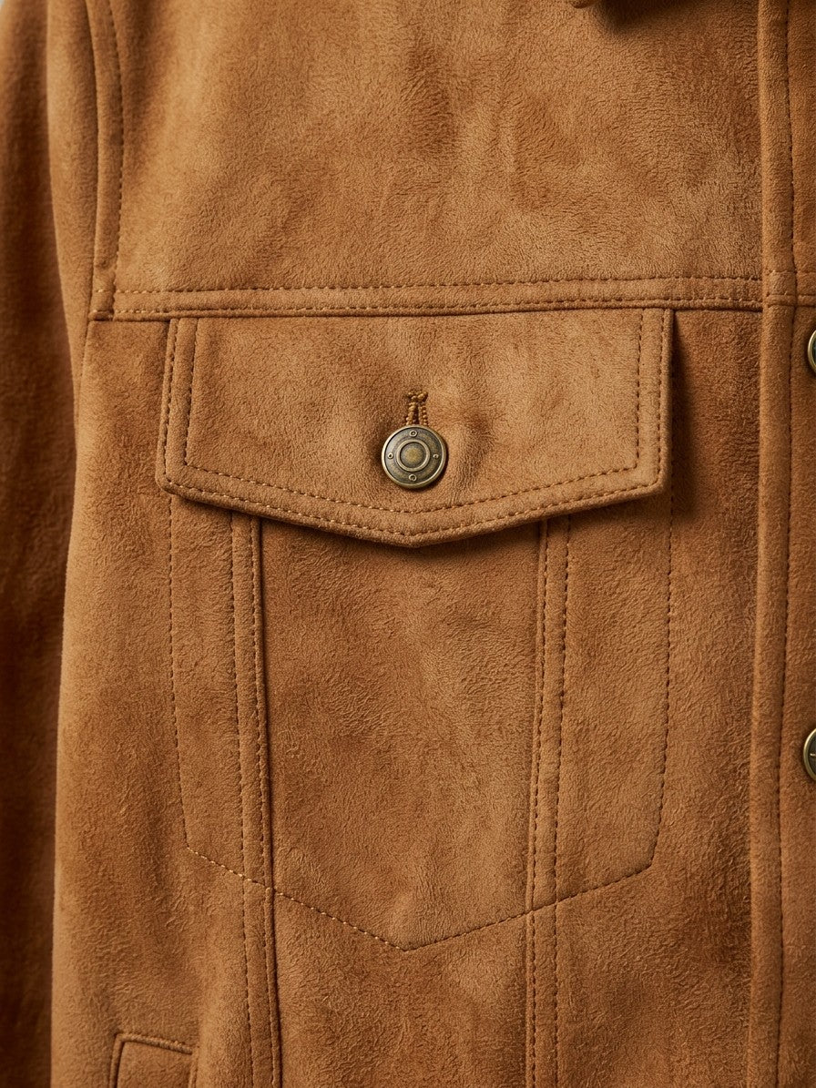 Parghelia Men's Brass-Button Faux Suede Trucker Jacket — caramel — detail
