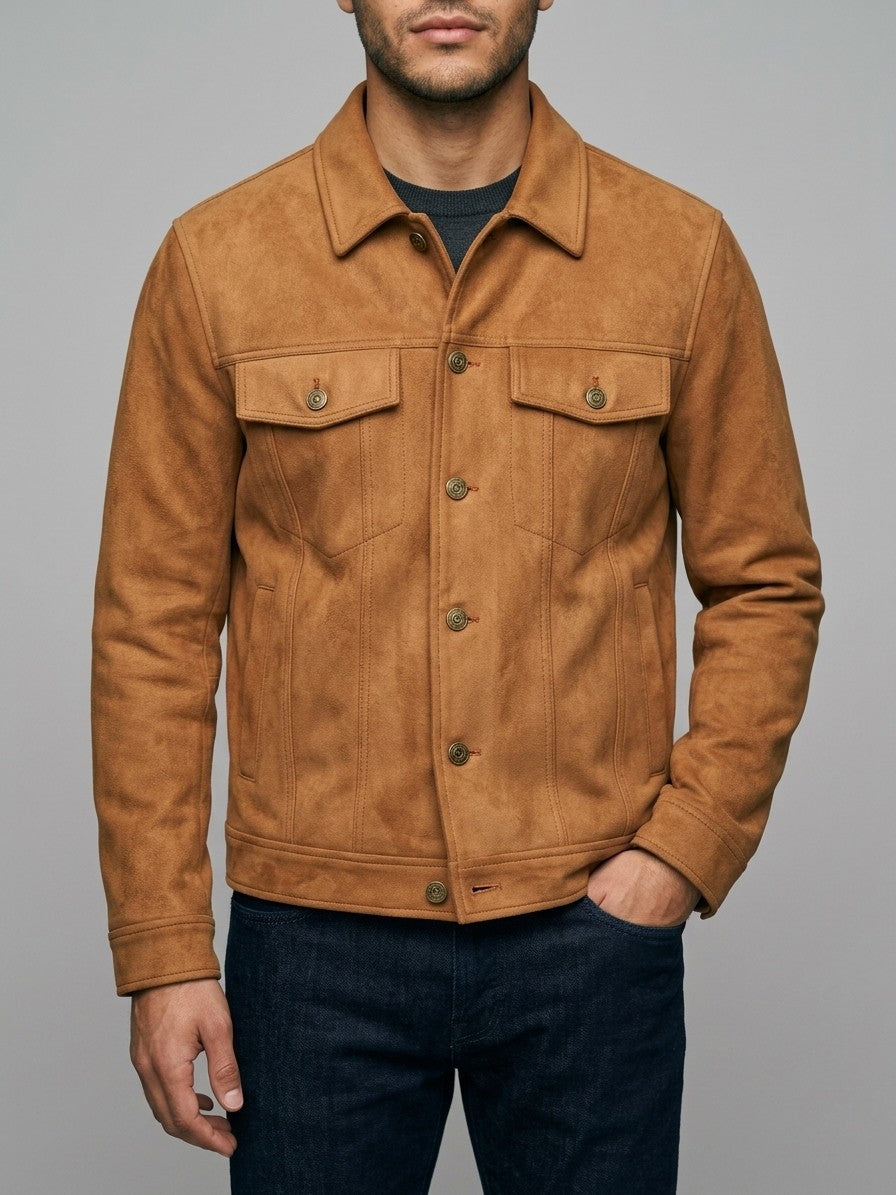 Parghelia Men's Brass-Button Faux Suede Trucker Jacket — caramel — front