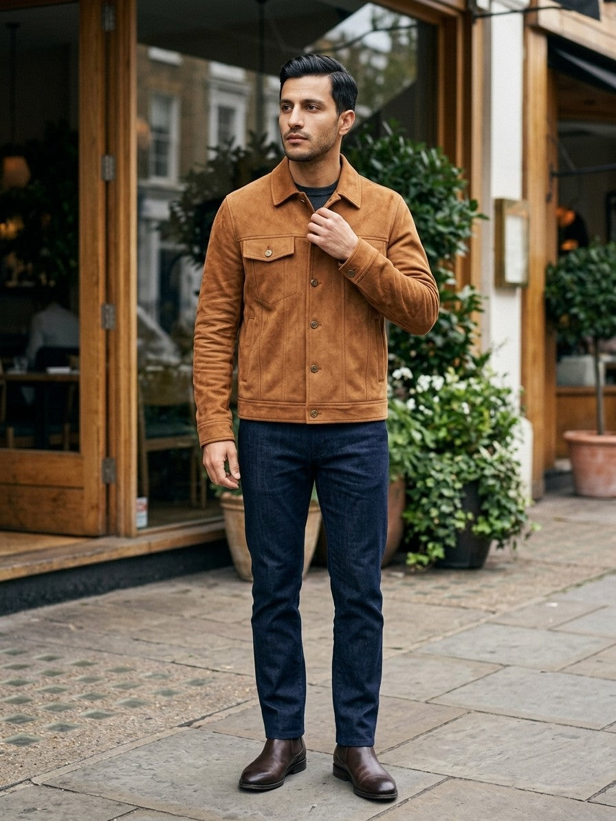 Parghelia Men's Brass-Button Faux Suede Trucker Jacket — caramel — lifestyle